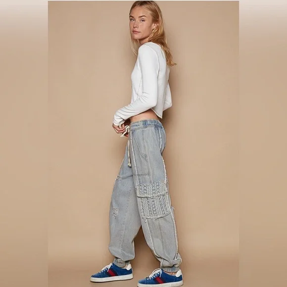 POL Distressed Denim Lace Pocket Cargo Jogger - Picture 2 of 8